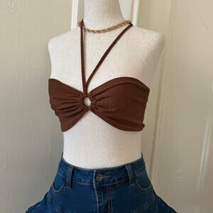 Beige Botany Brown‎ Keyhole Design Tie Halter Top | S